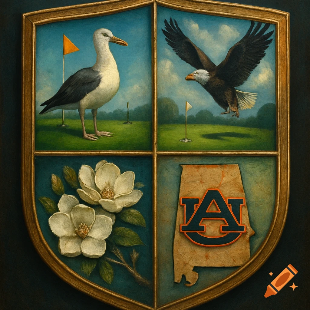A textured, painterly shield with four quadrants: a seagull on a golf course, a flying bald eagle, magnolias, and the Auburn University logo on Alabama map.