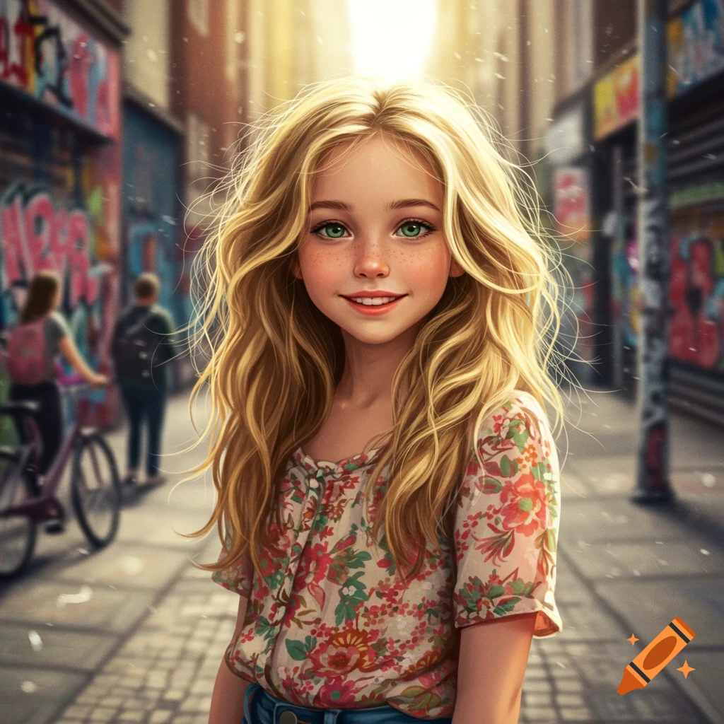 A cheerful blonde girl with green eyes and freckles smiles in a sunlit, graffiti-covered city street, digital art style.