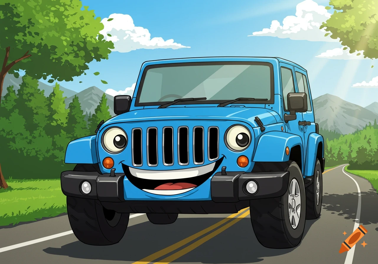 A cartoon blue Jeep with a smiling grille and headlight eyes drives on a road through a forest with mountains.
