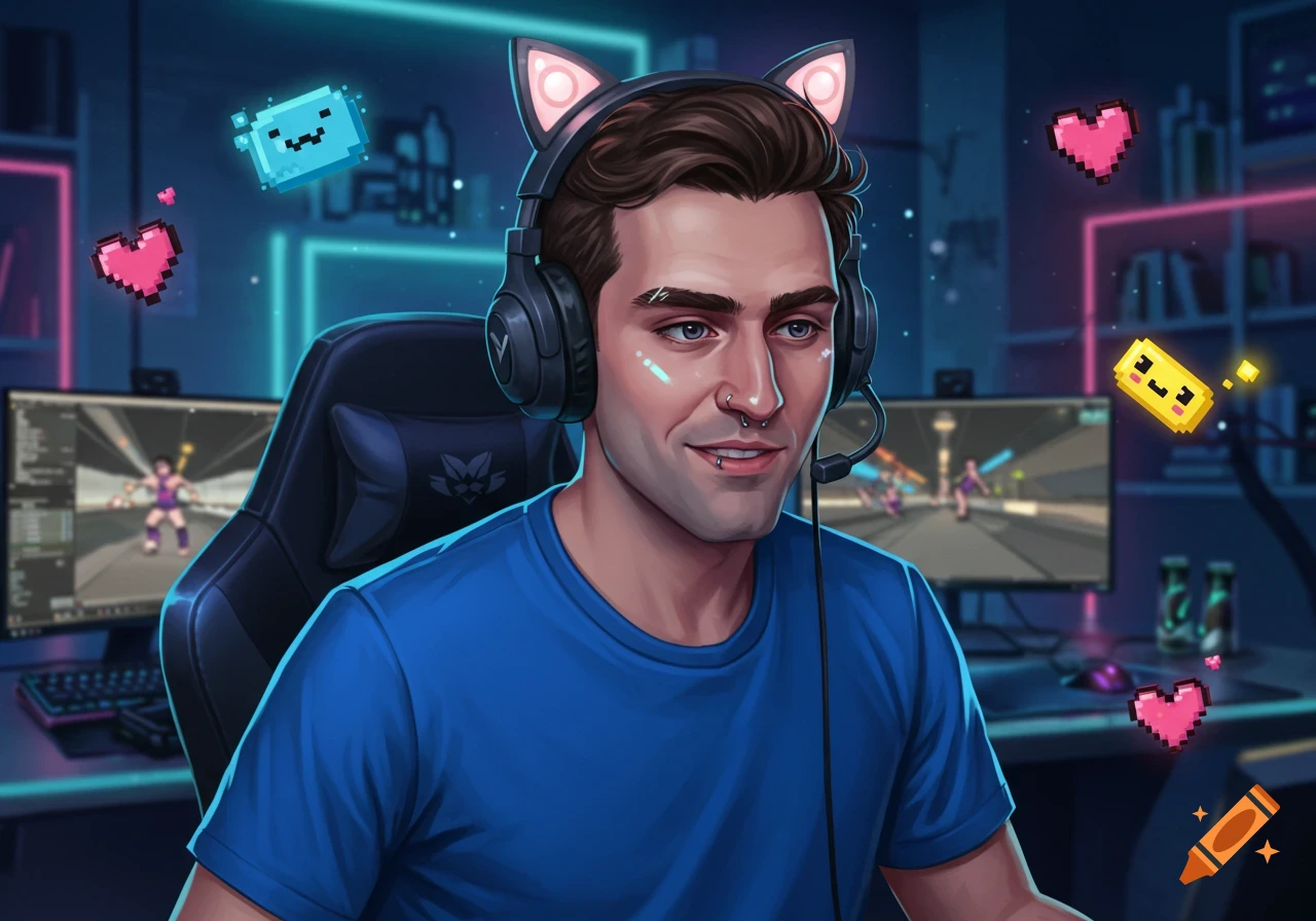 Digital art of a smiling male gamer in a blue shirt, cat ear headphones, and piercings, in a neon-lit room with pixel art elements.