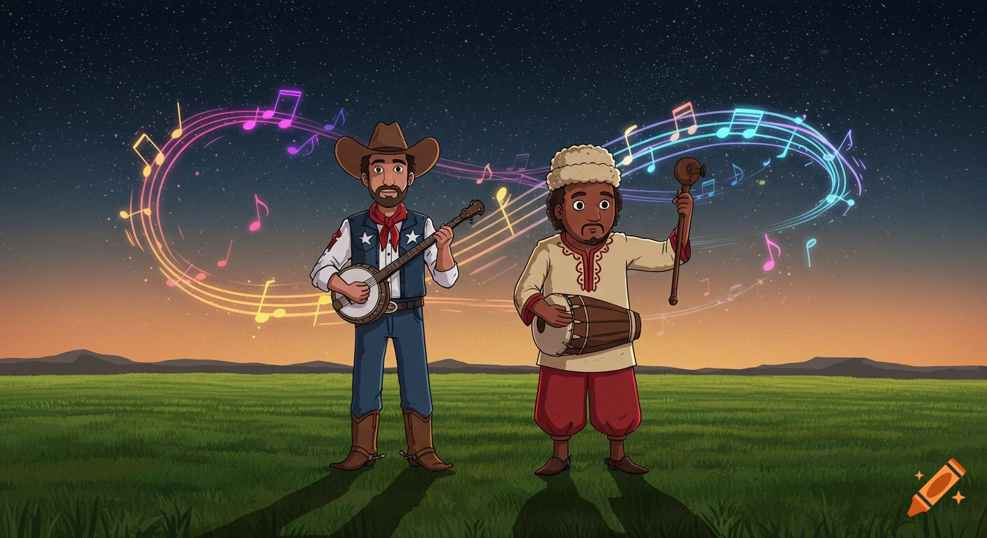 A cartoon cowboy plays banjo next to a man with a drum and staff, under a starry sunset sky with swirling colorful musical notes.