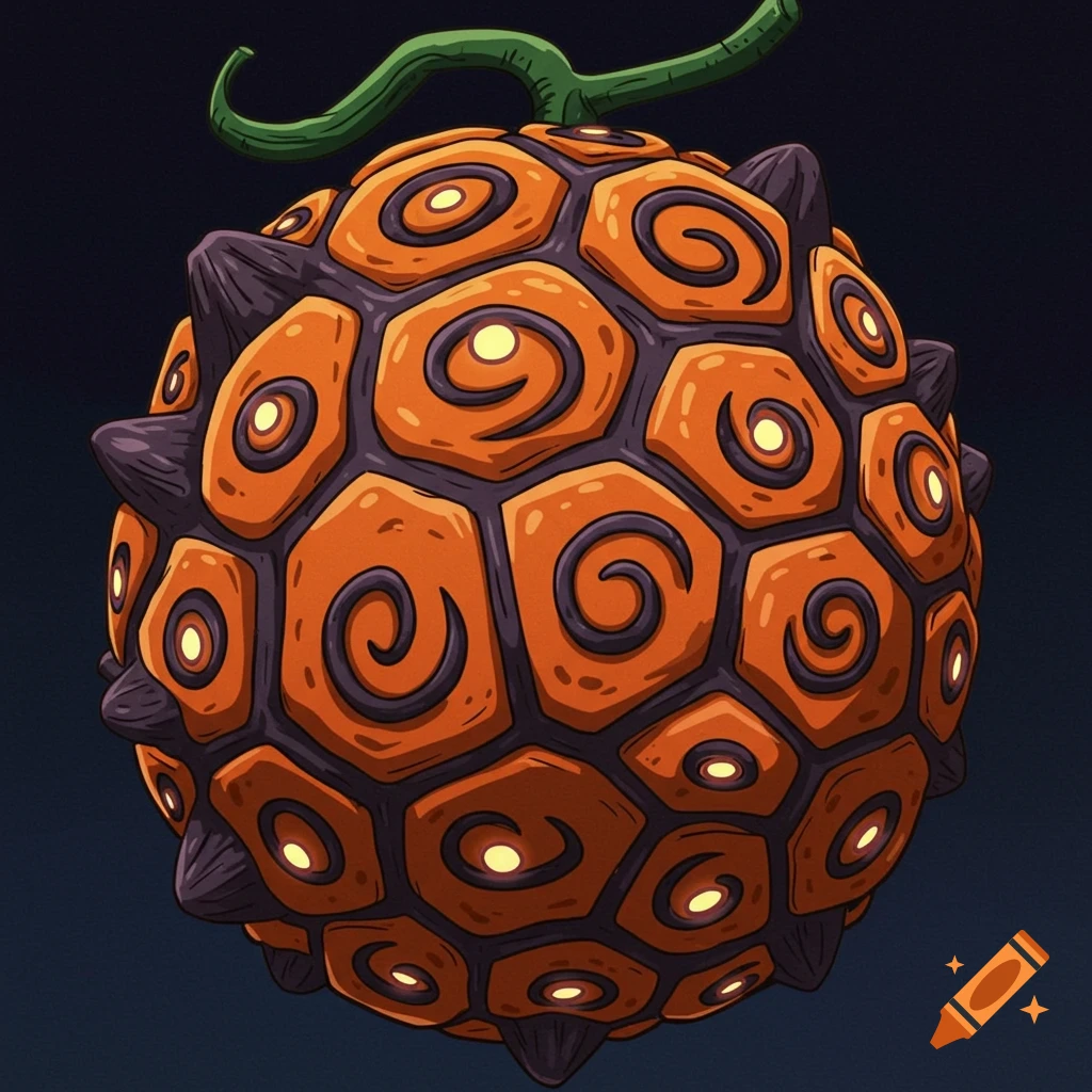 A stylized, melon-sized fruit with an orange-black faceted rind, deep purple spiral veins, and glowing yellow 'eyes', in a One Piece anime style.