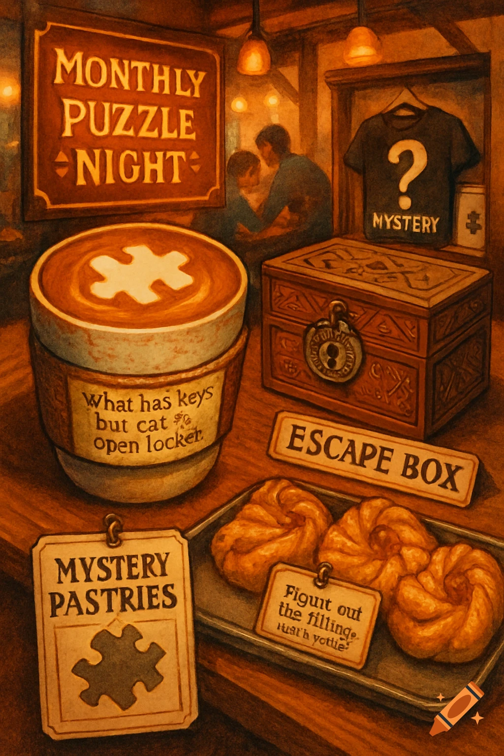 A warm, painterly illustration of a puzzle-themed cafe scene with a latte, escape box, mystery pastries, and various signs.