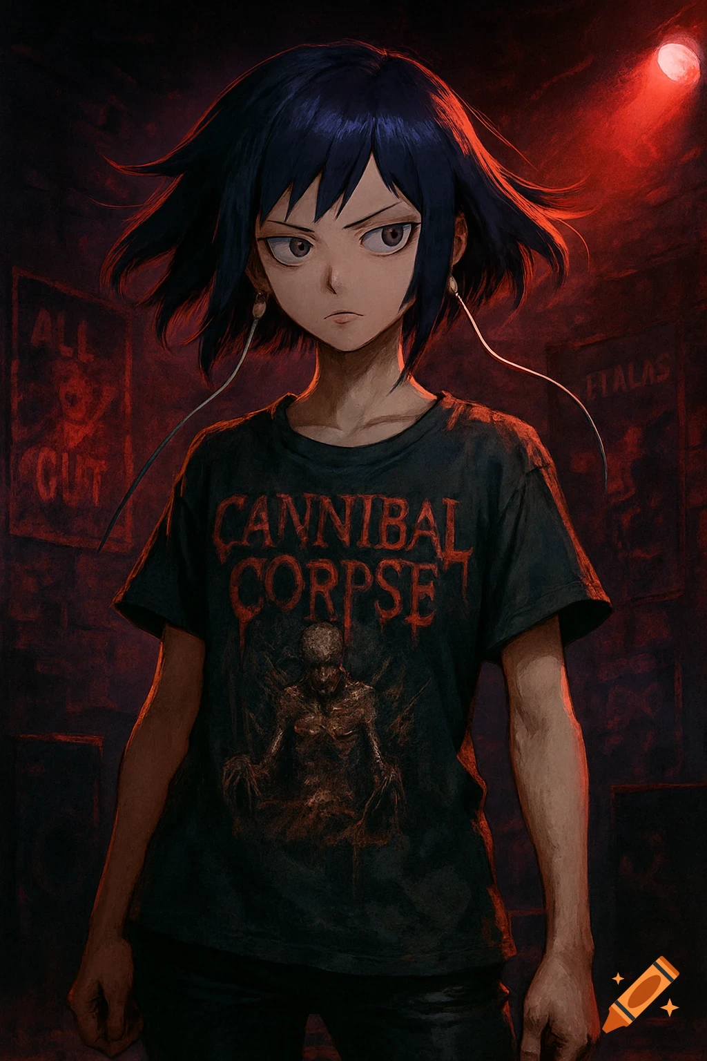 Anime girl Kyoka Jiro with dark hair and headphones, wearing a Cannibal Corpse t-shirt in a red-lit room.