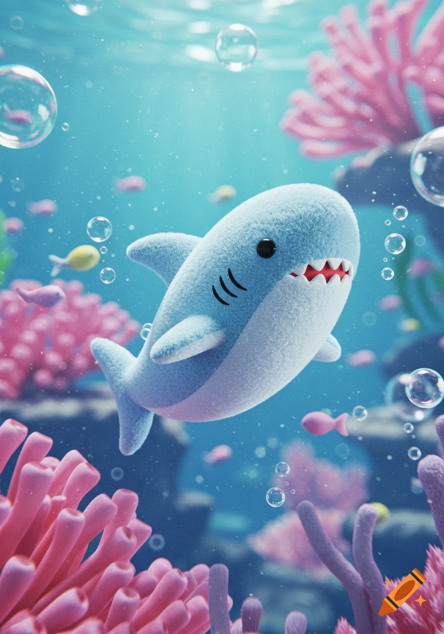 A cute, fluffy blue shark plushie swims in a vibrant underwater scene with pink coral, small fish, and bubbles.