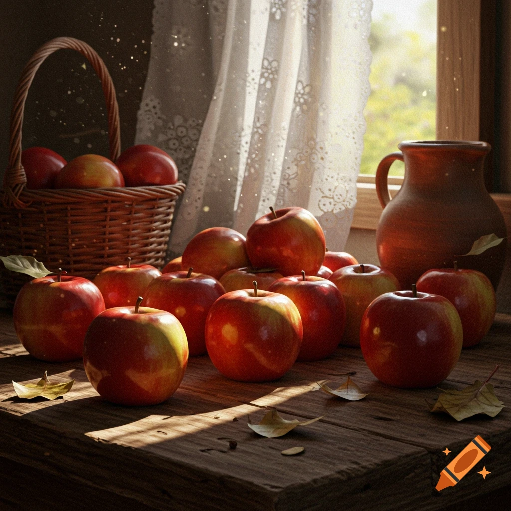 Photorealistic still life of red apples on a wooden table, with a basket and clay jug by a sunlit window.