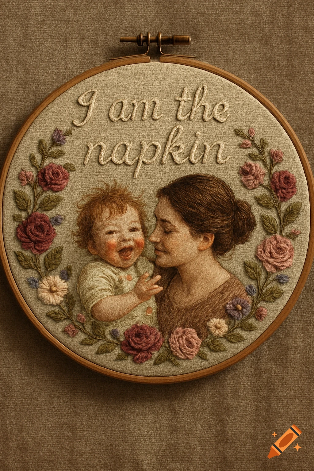 Digital embroidery of a mother and laughing baby surrounded by roses and flowers, with the text 'I am the napkin.' on a hoop.