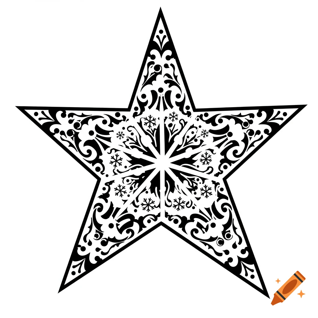 Black and white stencil illustration of a five-pointed star filled with intricate scrollwork and snowflake patterns.