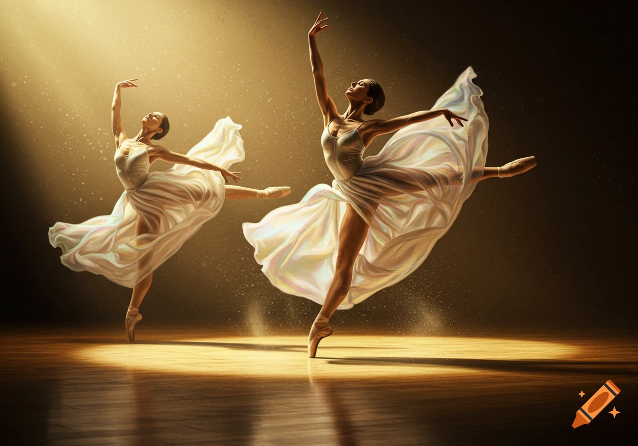 Two ballerinas in flowing white dresses gracefully dance on a spotlighted stage with golden dust particles.