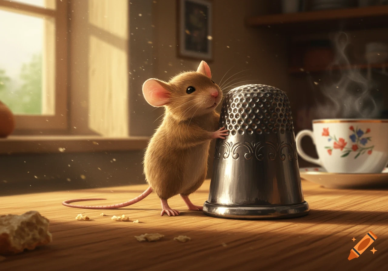 A tiny, fluffy brown mouse clings to a large silver thimble on a wooden table, next to a steaming cup. Photorealistic.