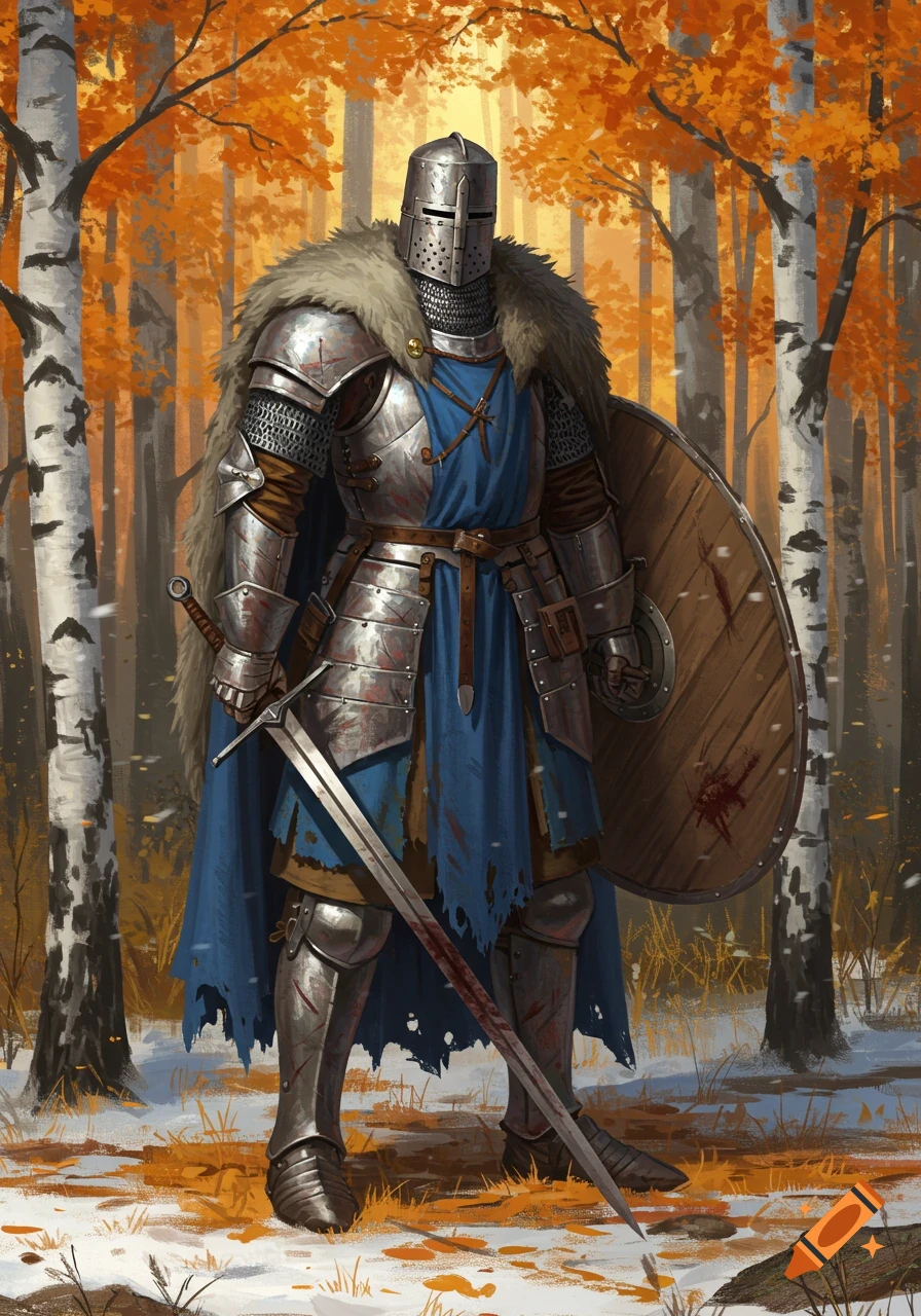 A knight in full armor with a blue tattered tabard, fur mantle, sword, and shield stands in a snowy autumn birch forest.