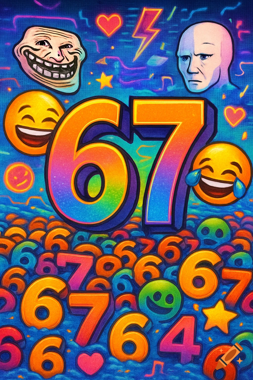 A vibrant digital art image featuring large colorful numbers '67', Trollface, Wojak, and emojis against a blue background filled with smaller numbers.