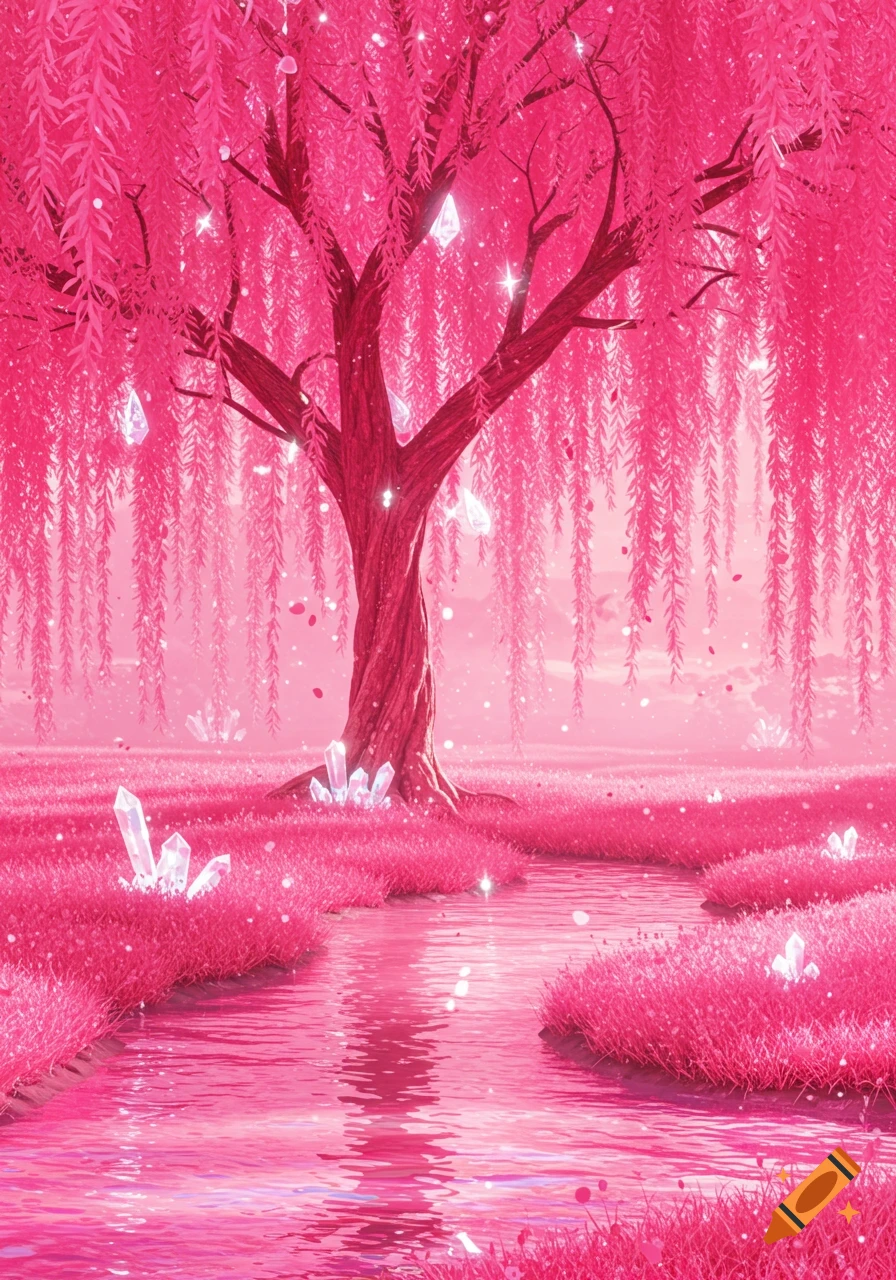 A mystical pink weeping willow tree with sparkling crystals, pink grass, and a flowing pink river in a fantasy landscape.