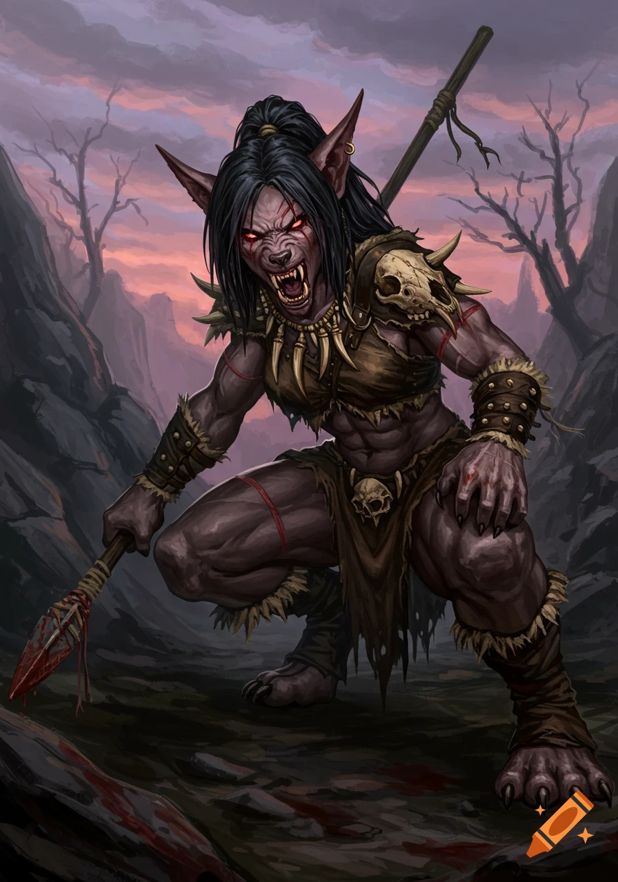 A fierce, muscular female gnoll warrior with red eyes and sharp fangs, wearing hide armor and holding a bloody spear, in a desolate landscape at dusk.