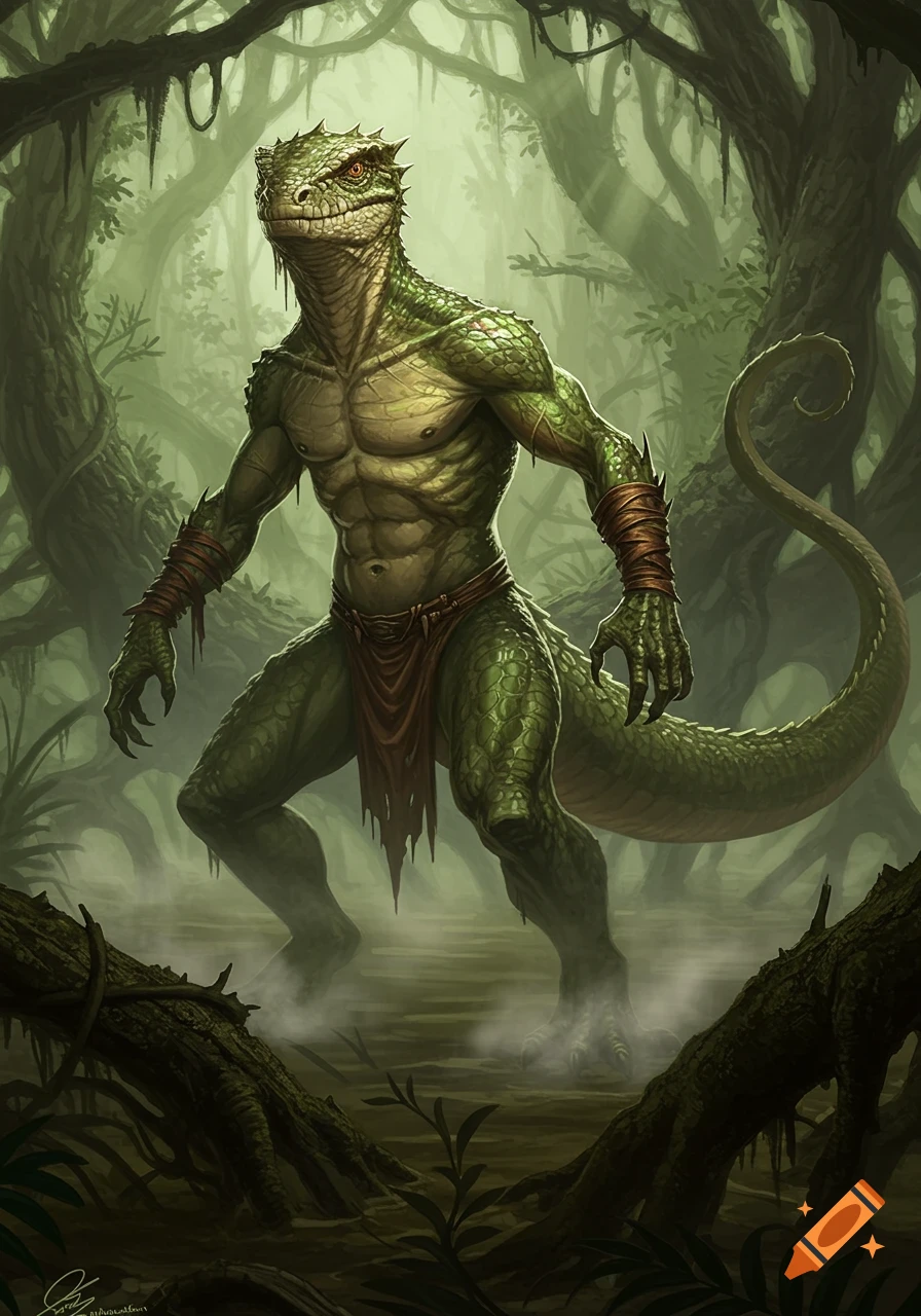 A muscular lizardman with green scales and a long tail stands in a misty, overgrown jungle swamp.