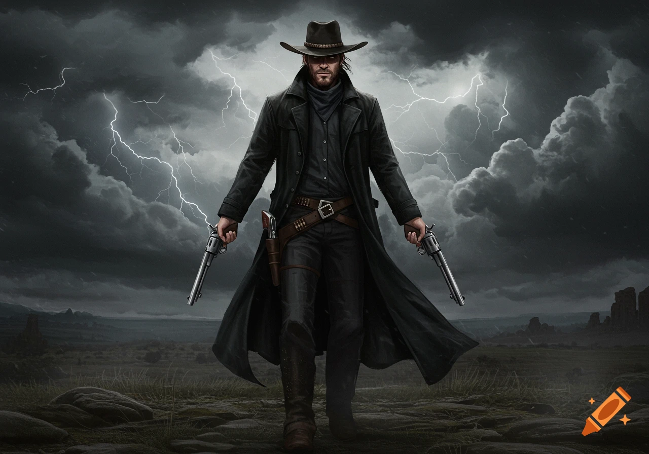 A dramatic illustration of a gunslinger in a black coat holding two revolvers under a lightning-filled stormy sky.