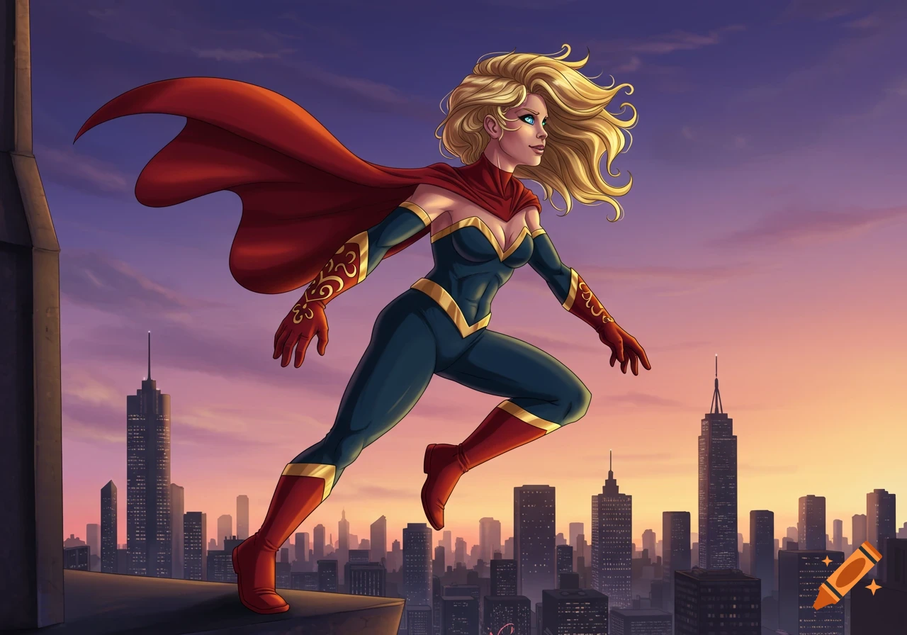 Blonde female superhero in a blue and red suit, with a red cape, soaring over a sunset city. Comic art style.