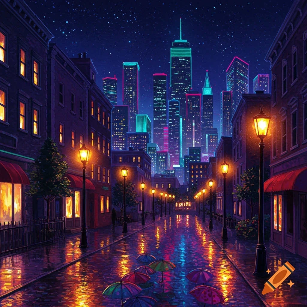 A vibrant, neon-lit cityscape at night, with a wet street reflecting colorful lights from buildings, streetlights, and umbrellas.