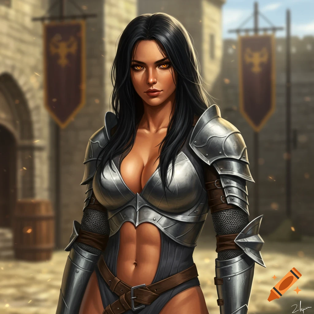 A dark-haired female warrior with glowing orange eyes and an athletic build, wearing revealing silver armor, stands in a castle courtyard.