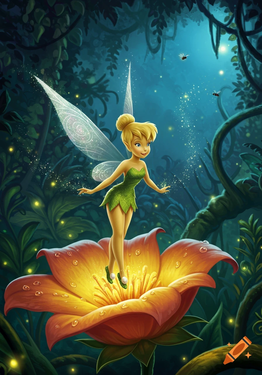 Tinker Bell, a small fairy with blonde hair in a bun and a green