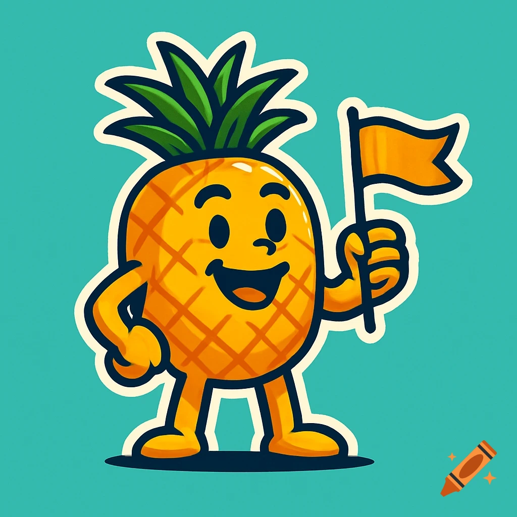 A smiling cartoon pineapple character with arms and legs, holding a small orange flag.