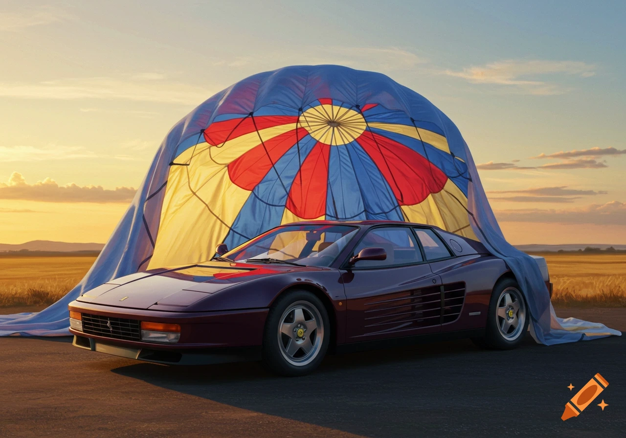 A purple Ferrari Testarossa is parked on asphalt with a large, deflated blue, red, and yellow hot air balloon behind it at sunset in a field.