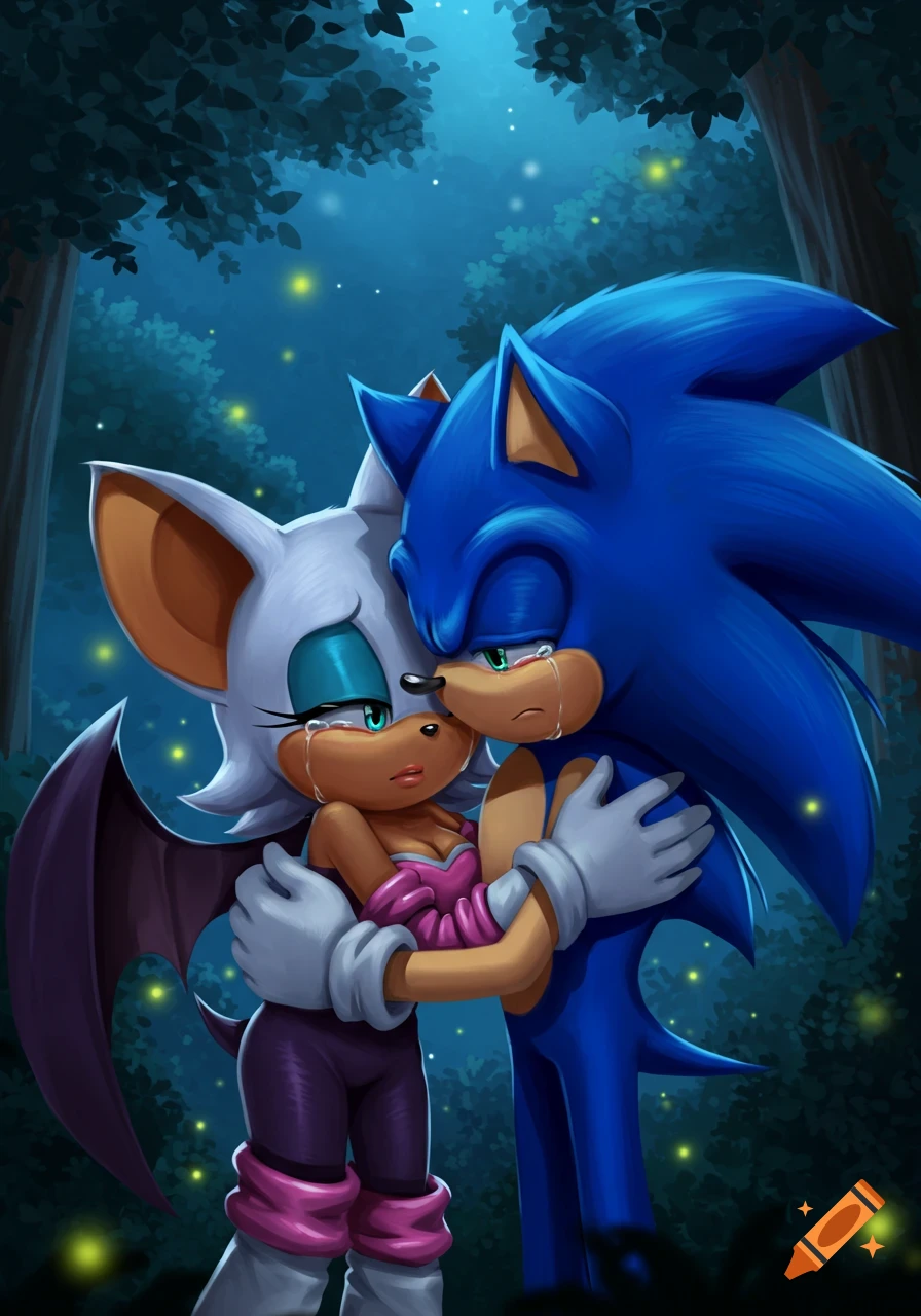 Sonic the Hedgehog comforts a crying Rouge the Bat with a hug in a dark forest with fireflies, digital illustration.