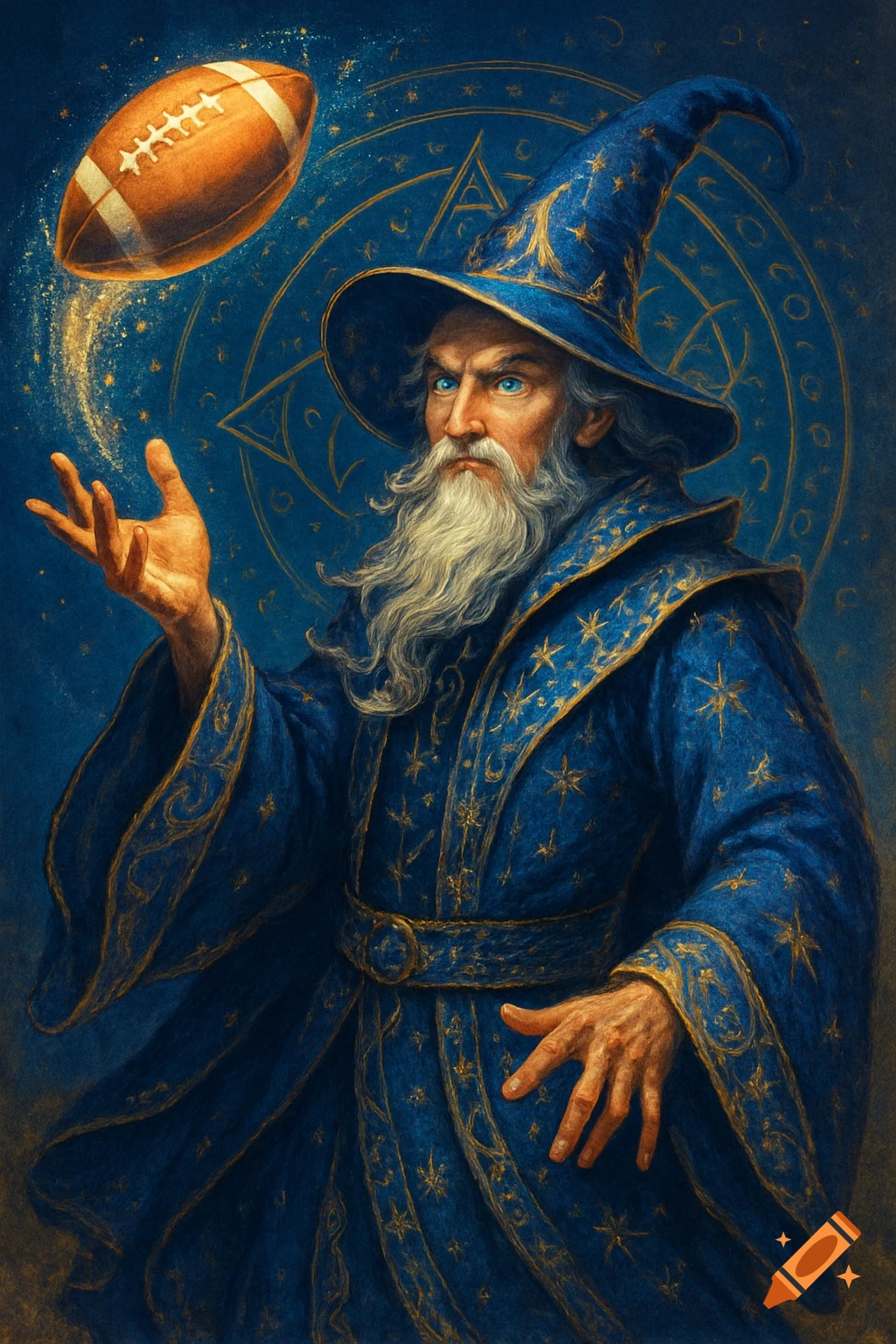 A blue-robed wizard with a white beard and glowing eyes levitates an American football with magic against a starry blue background. Digital art.
