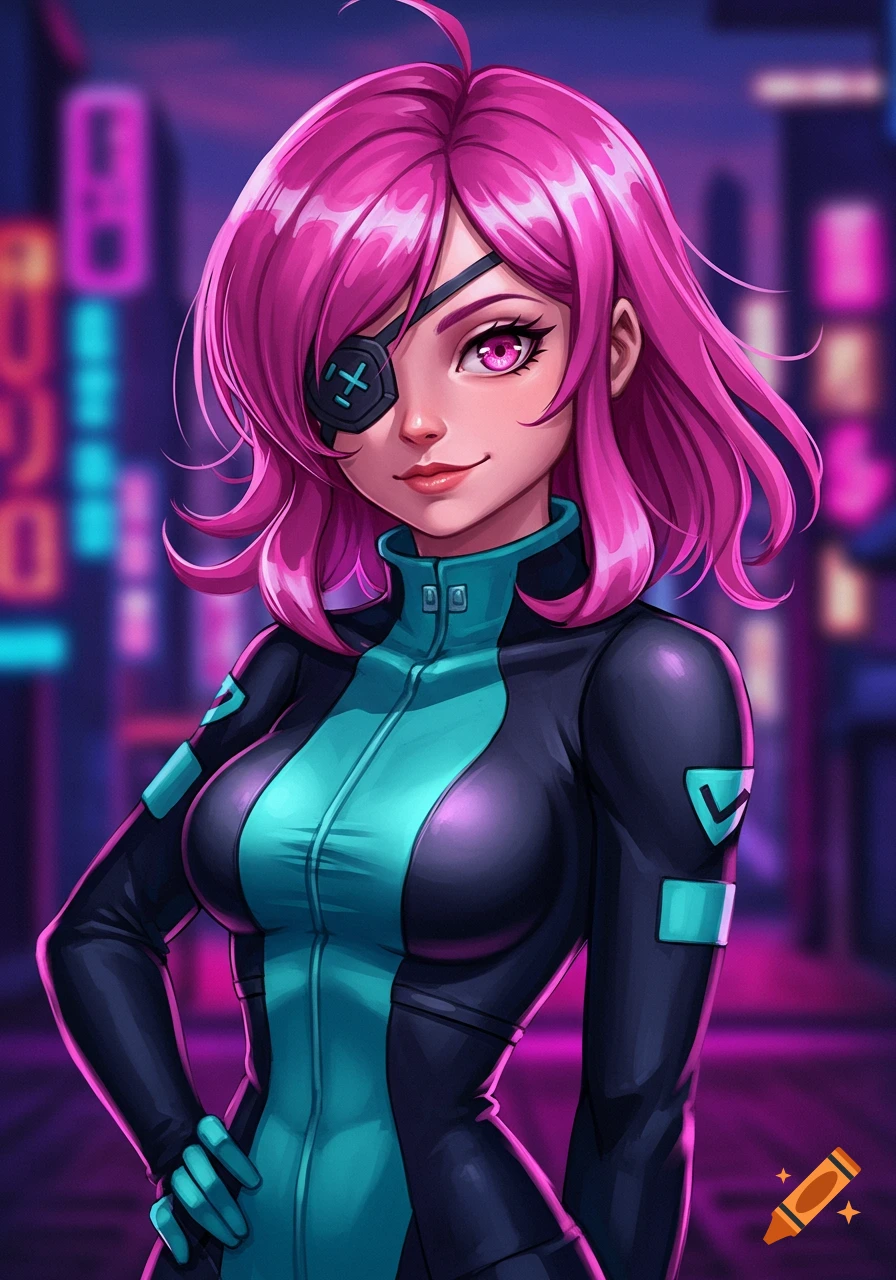 Anime girl with pink hair and an eyepatch, wearing a black and turquoise jumpsuit, in a neon-lit cyberpunk city.