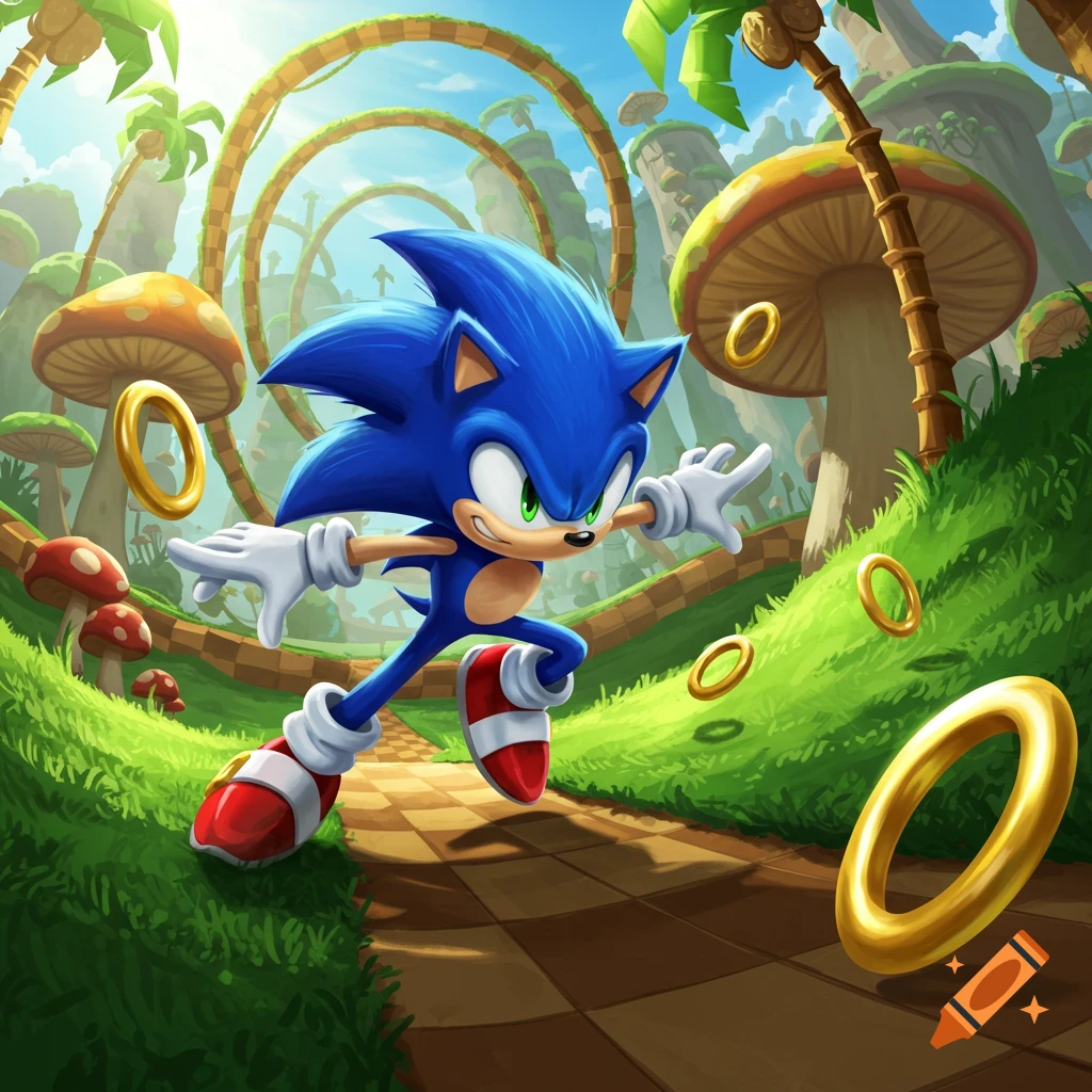 Sonic the Hedgehog runs on a checkered path in a vibrant Green Hill Zone with gold rings, mushrooms, and palm trees.