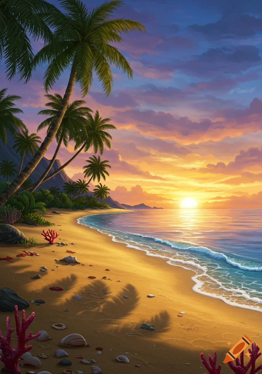 Vibrant stylized illustration of a tropical beach at sunset, with palm trees, a sandy shore, and calm ocean waves.