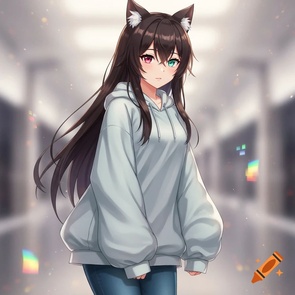 An anime girl with dark hair, cat ears, and heterochromia wears a light gray hoodie and jeans in a blurry hallway.