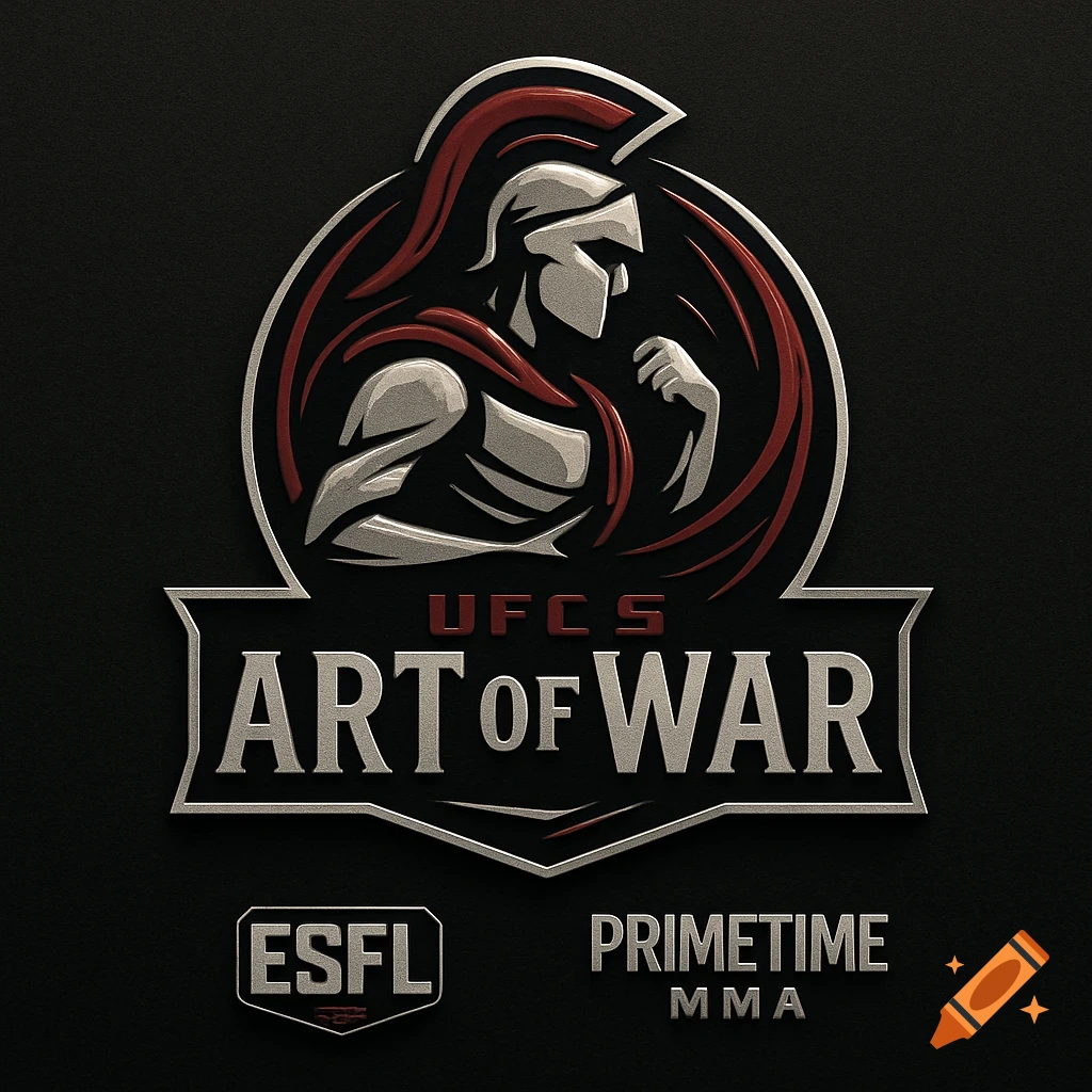 A metallic embossed logo for UFC 5 Art of War, featuring a Spartan warrior and text for ESFL and Primetime MMA.