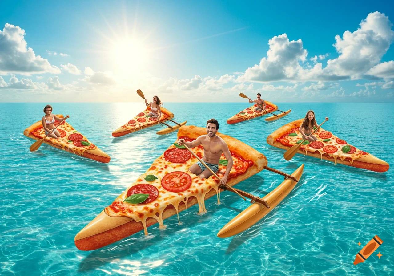 People paddle pizza-shaped outrigger canoes on a bright, sunny blue ocean, with melting cheese dripping into the water.