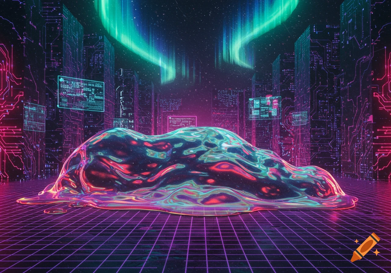 A glowing, iridescent liquid blob on a neon grid floor in a cyberpunk city with circuit board buildings and aurora lights.