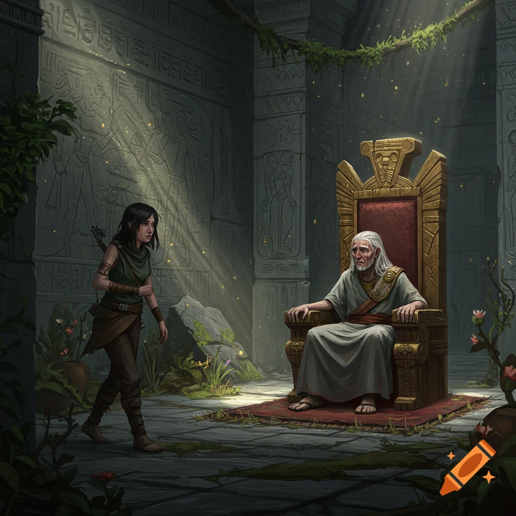 A young woman approaches an old man on a golden throne in a sunlit, overgrown ancient chamber with carved walls.
