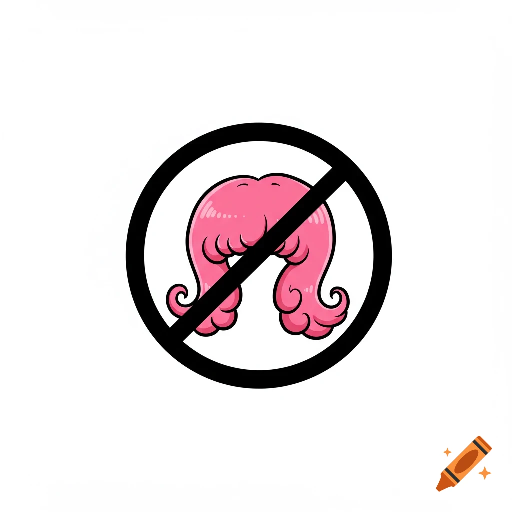 A pink cartoon wig with bouncy curls inside a black and white no symbol on a white background.