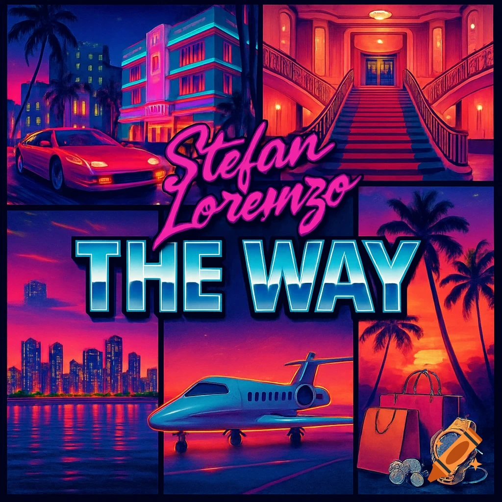 Retro album cover in Vice City style, featuring neon-lit Miami, vintage car, palm trees, private jet, and luxury items, with text 'Stefan Lorenzo THE WAY'.