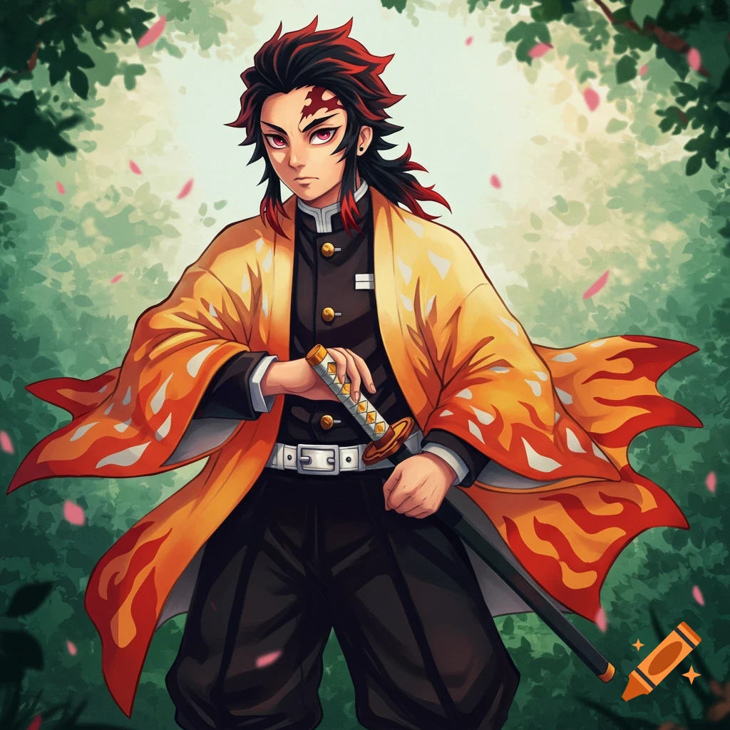 An anime character, Tanjiro from Demon Slayer, with black and red hair, wearing an orange and yellow flame-patterned haori and black uniform, holding a sword.