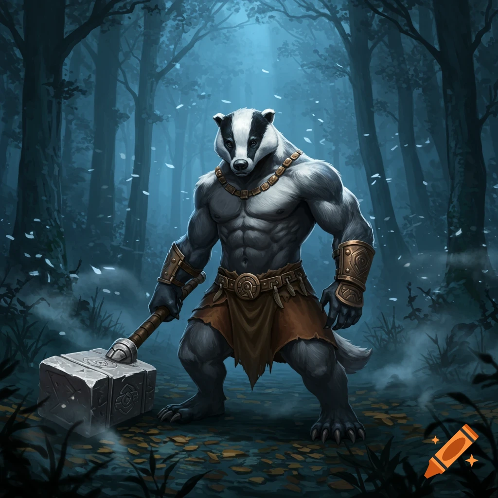A muscular anthropomorphic badger with a two-handed hammer stands in a dark, misty forest, digital art.