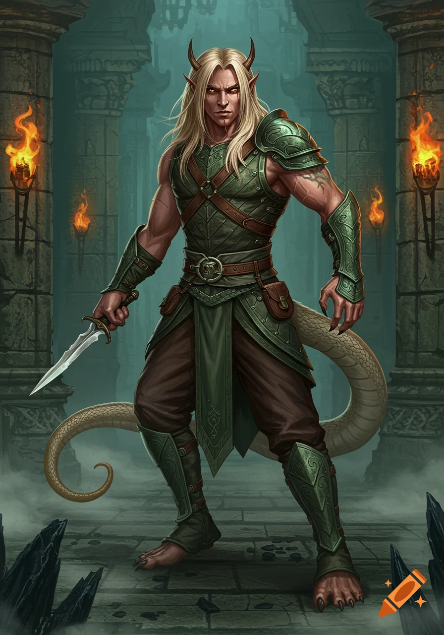 Blonde male fantasy rogue with horns, elf ears, green armor, a serpentine tail, and a dagger in a torchlit dungeon.