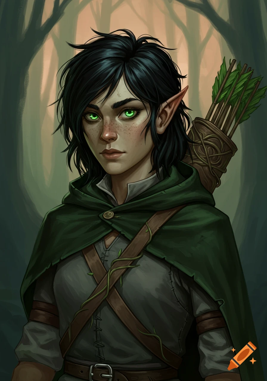 A serious wood elf with messy black hair, glowing green eyes, freckles, and a dark green cloak, carrying a quiver of arrows in a forest.