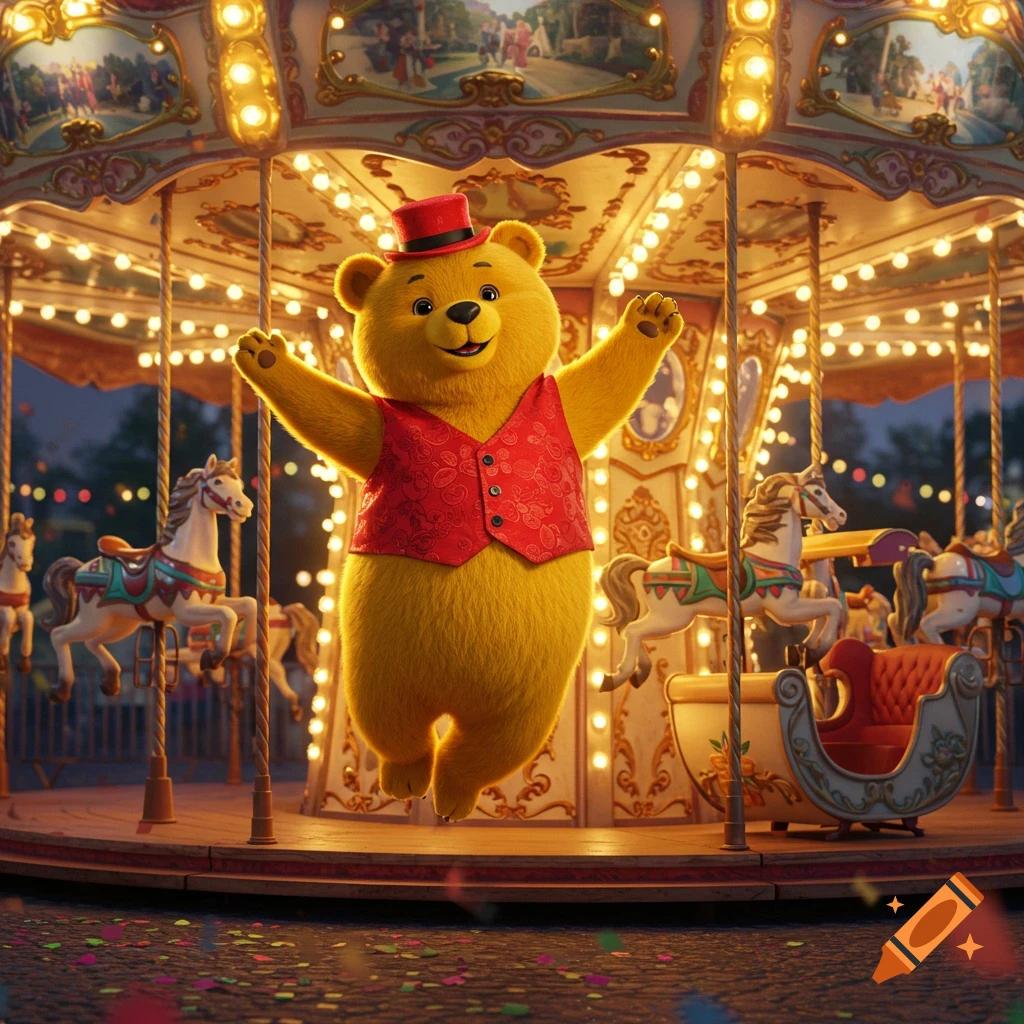 A dancing yellow bear in a red vest and top hat on a brightly lit carousel with horses.