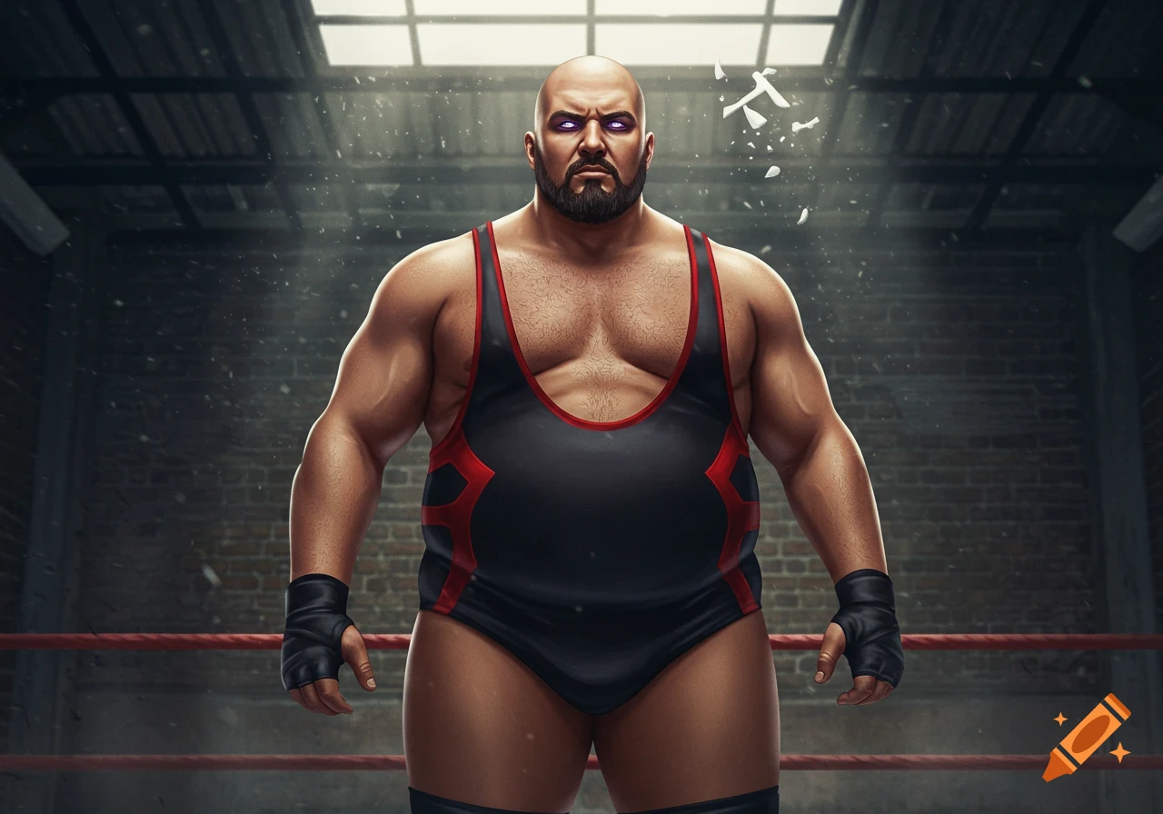 A muscular, bald, bearded male wrestler with purple eyes in a black and red singlet stands in a ring, digital art.