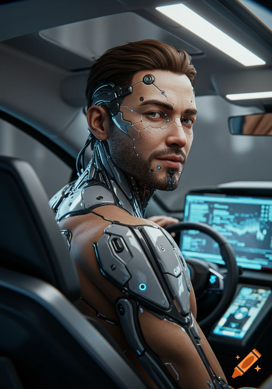 A photorealistic portrait of a futuristic man with cybernetic implants on his face and shoulder, looking back from a high-tech vehicle.