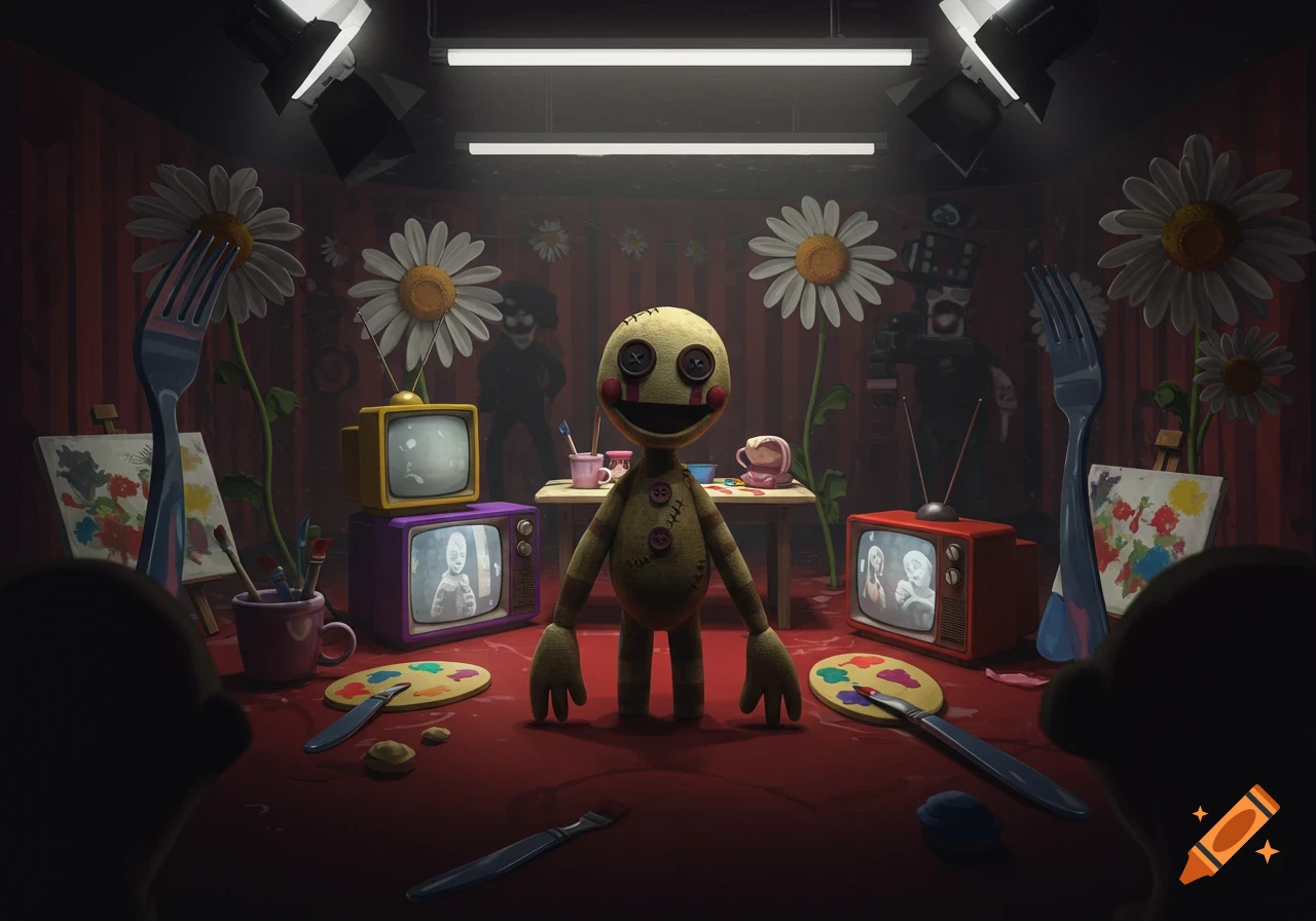 A yellow ragdoll puppet with button eyes and a wide red smile stands in a dark, surreal room with vintage TVs, oversized daisies, art supplies, and shadowy figures in the background.