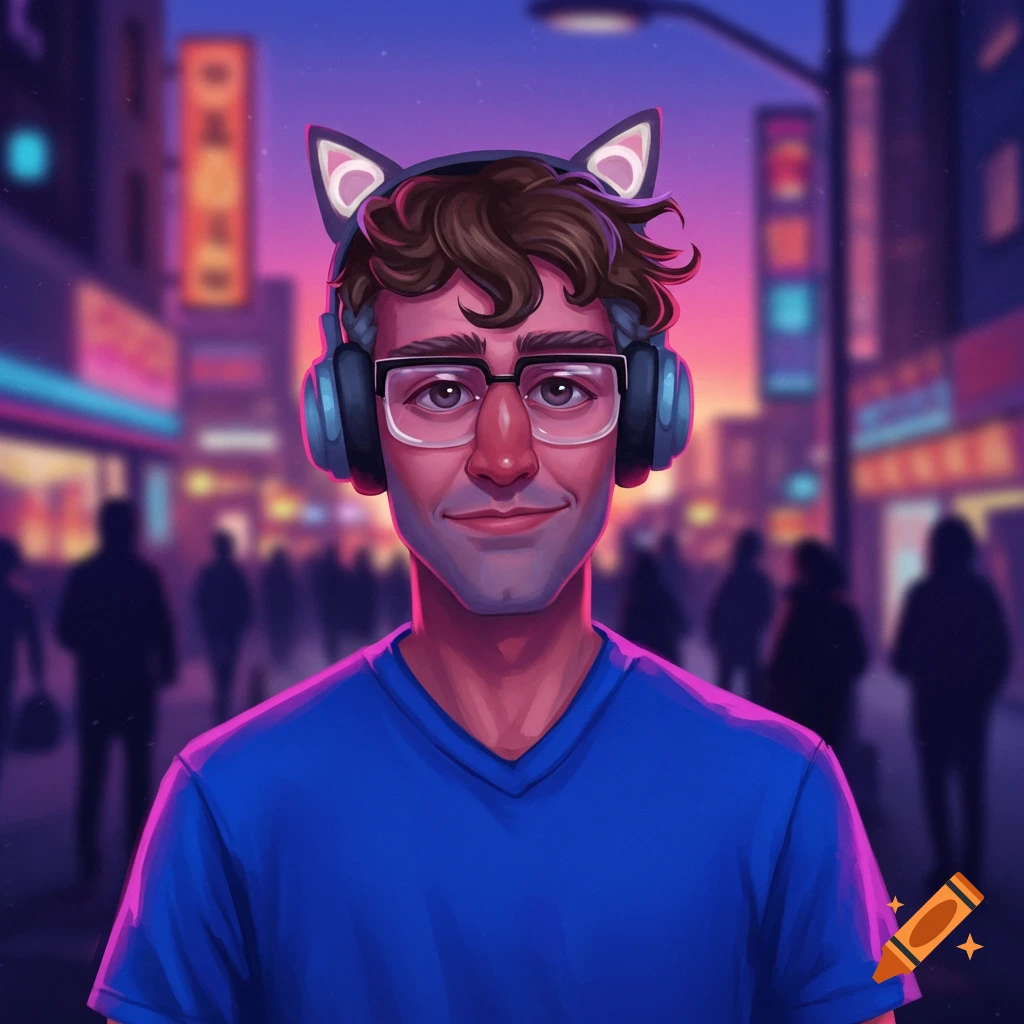 A stylized illustration of a man with curly hair, glasses, a blue shirt, and cat-ear headphones, smiling in a neon-lit city at dusk.