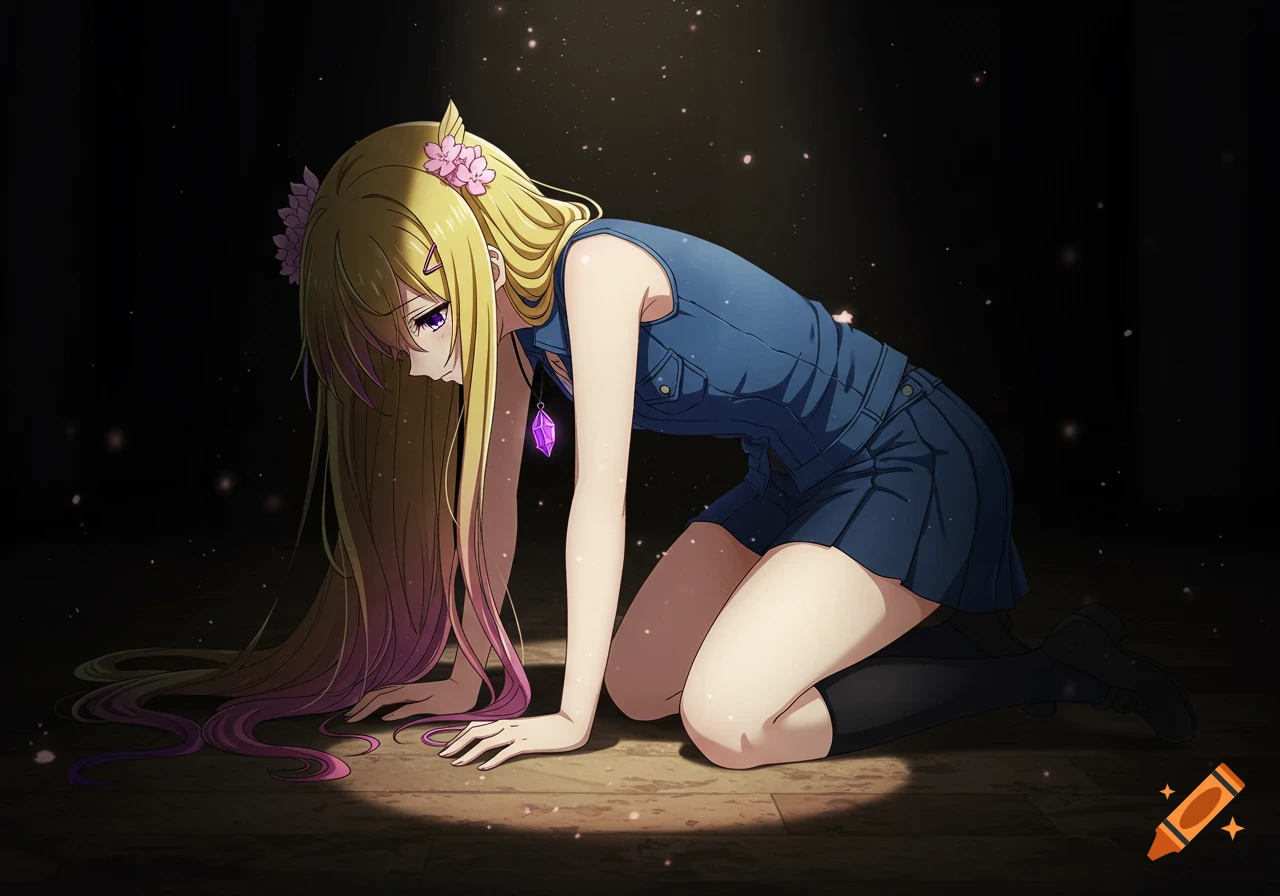 An anime girl with long blonde hair and purple streaks kneels on the floor under a spotlight, looking down in a pose of defeat.