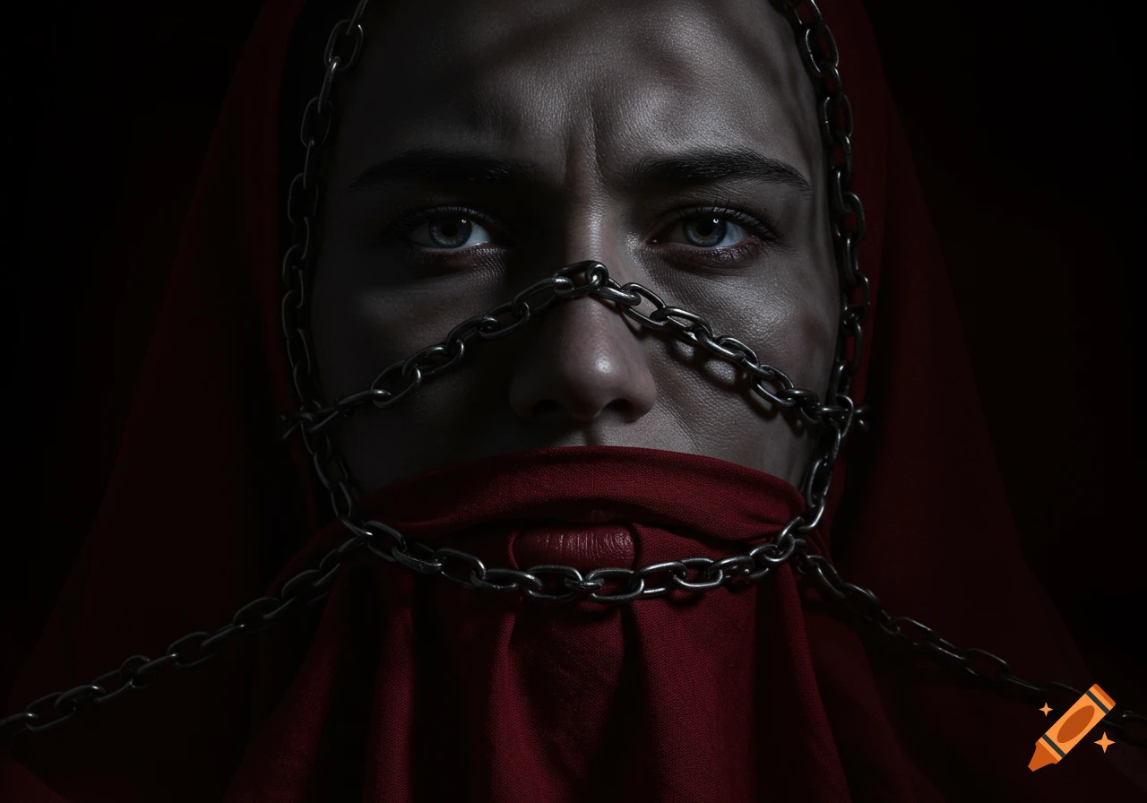 A close-up, surreal portrait of a person's face shrouded in a red hood, with chains crossing over their nose and mouth, symbolizing censorship in a dark, dramatic setting.