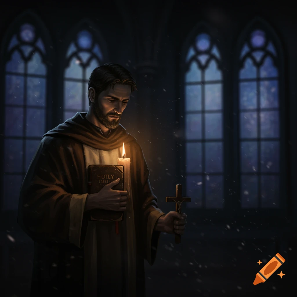 A man in a dark robe holds a flickering candle, a Bible, and a crucifix in a dimly lit, Gothic church.